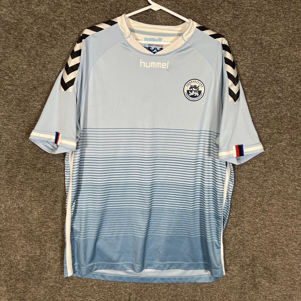 SønderjyskE Jersey Mens 50 Light Blue Soccer Hummel Home Shirt Denmark Striped